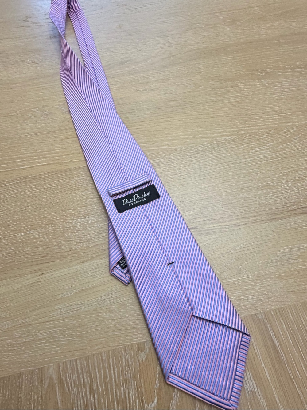 David Donahue Coral Pink and Light Blue Striped Silk Tie - Picture 3 of 6